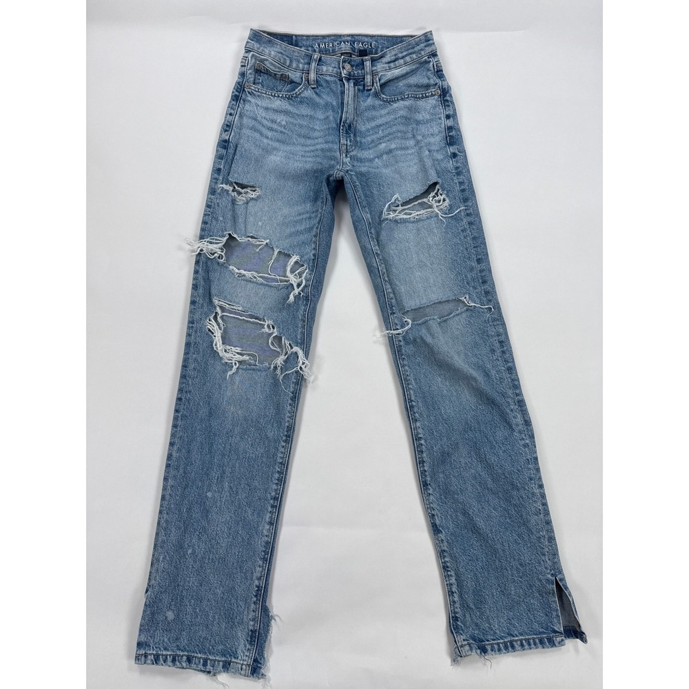 American Eagle Womens Jeans 000 Blue Low-Rise Baggy Straight Distressed Y2K